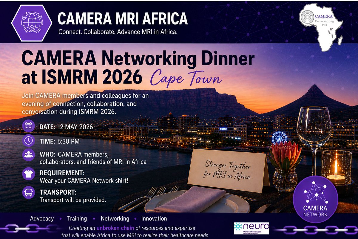 CAMERAAfrica's tweet photo. 📣🥳Celebrate MRI in 🌍 at @ISMRM 
📆 CAMERA Day: Tues May 12th
✅ NBIB New Horizon Lecture  10:40
✅ Member-Initiated Session 16:00
✅ Sponsored Network Dinner  18:30
✅ MRathon Low-field Workshop  15-17
✅ 20+Talks,Posters,&amp; tut
 
Come join us- advance MRI innovations in🌍! https://t.co/qBn5mJUwIb