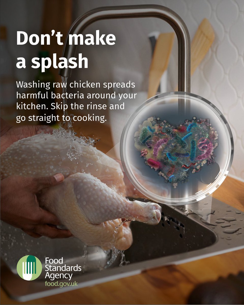 WTStds's tweet photo. Washing raw meat &amp; fish can cause bacteria to spread from your sink, causing cross-contamination in your kitchen.
If bacteria spreads, any food you prepare could be unsafe to eat. Only thoroughly cooking meat will get rid of harmful bacteria. 
#BacteriaLoveItHere #FoodSafety https://t.co/z1pUezwpi0