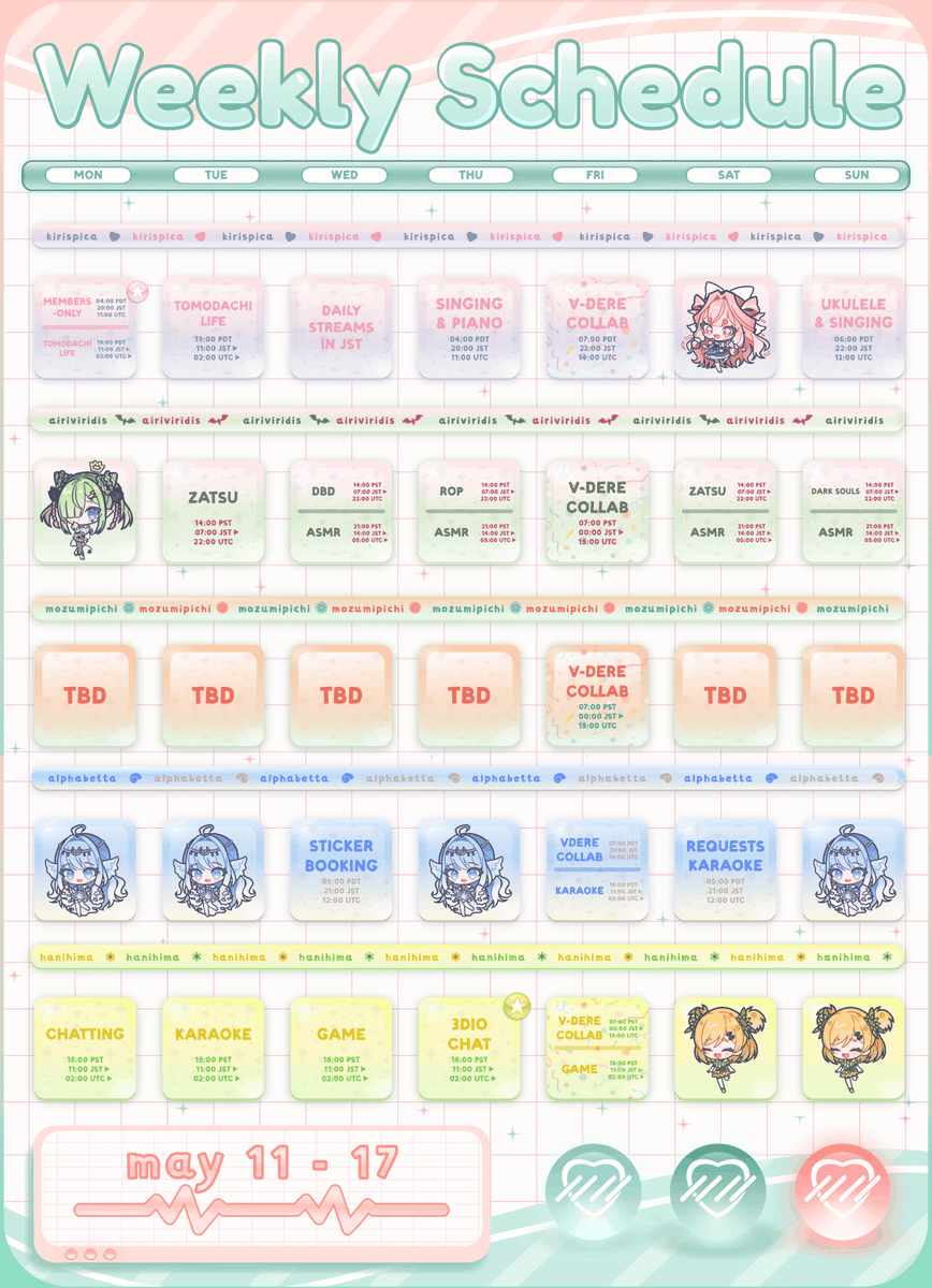 VirtualDere's tweet photo. 【💗Weekly Schedule MAY 11-17💗】

Are you ready for... a V-Dere Collab? 😱🎉 It's happening on Friday, so make sure to come by! The girls will gamble away their life-savings LIVE on stream (in game) 🚨

V-Dere... BEAM!!! 🩷🧡💛💚💙 https://t.co/CboD5SfgQC
