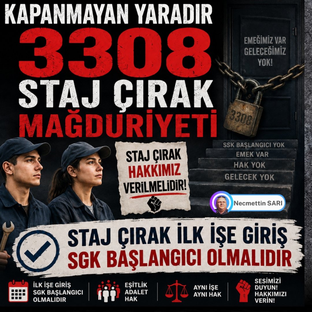 HasanAYDIN10187's tweet photo. 3308 nolu yasa ile kandırıldık 
@Akparti 
@RTEdijital 
@csgbakanligi 
@myksosyalmedya 
@tcmeb_mtegm 
@tcmeb 
@iletisim 
@HMBakanligi 
@ticaret 
@TCSanayi 
@adalet_bakanlik 
@sgksosyalmedya 
@TurkiyeIsKurumu 
@AKGMTeskilat 
@AKPartiTBMMGrup 
@AKParti_GMYerel 
@TOBBiletisim
@TRombudsman 
@_cevdetyilmaz 
@isikhanvedat 
@memetsimsek 
@burhanduran 
@Yusuf__Tekin 
@kemalsamlioglu 
@_Ali_KARAGOZ 
@mahmutgurcan 
@mfatihkacir 
@yilmaztunc 
@AskinToren1 
@drbetulsayan 
@leylasahinusta 
@_ORHANTURAN 
@farukozcelikgsb 
@aliarifozzeybek 
@abdulkadirozbek 
@mkemalsayar 
@myilmaz_67 
@oznurcalik 
@ipekcoskun_ 
@idriskardas 
@EbruBaybara 
@hayatiinanc 
@sahikaercumen 
@vbozkurt55 
@acmakas
@SekibAvdagic
@TarkanZengin 
@belginuygur10 
Staj ve çıraklık dönemlerinde uzun yıllar çalışmamıza rağmen sigorta başlangıcımızın emeklilik hesabına dahil edilmemesi büyük bir mağduriyet oluşturmaktadır. Genç yaşta iş hayatına atılan milyonlarca kişi üretime katkı sağlamış, ancak bugün emeklilik hakkı konusunda yok sayılmıştır. Staj ve çıraklık sigortasının gerçek başlangıç olarak kabul edilmesi, sosyal adaletin sağlanması adına önemli bir adımdır. Emeğin karşılığı verilmeli, staj ve çıraklık mağduriyeti sona erdirilmelidir.

Tam Emeğe Yarım Hak
#BuAdilDeğil
#StajyerVeÇıraklara
#TamSigortaHaktır