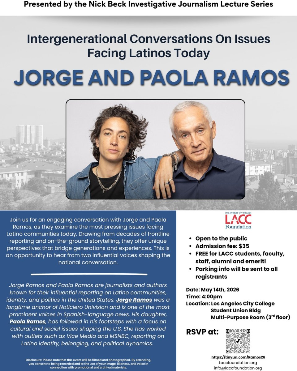 LACCFdn's tweet photo. Just a few days until our next Nick Beck Lecture Series featuring Jorge and Paola Ramos! Spots are almost gone, this is your last chance to register. Don’t miss the opportunity to hear from two powerful voices. Click below to rsvp!

https://t.co/JRHSZlKVxJ https://t.co/tdVsMxLpTq