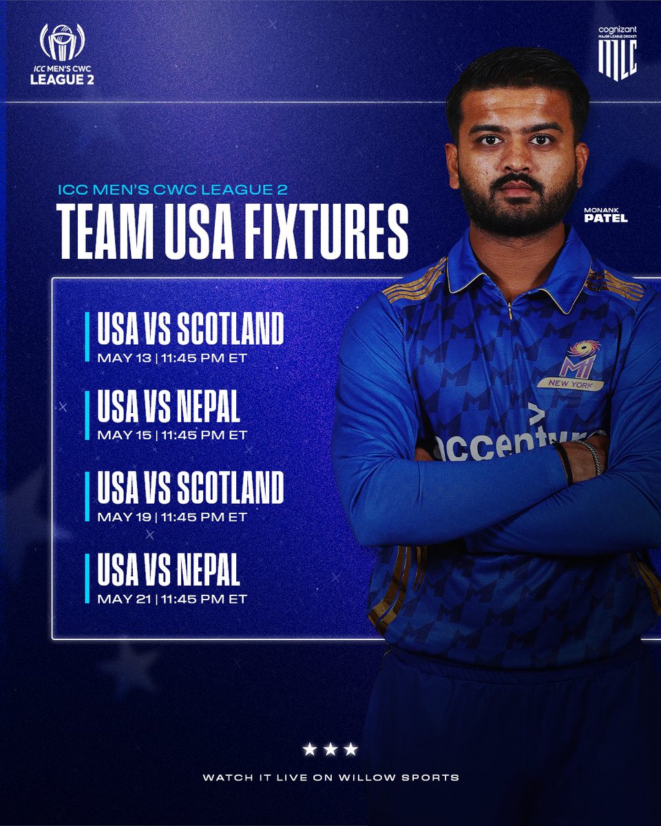 MLCricket's tweet photo. The ICC Men’s Cricket World Cup League 2 continues this week in Nepal. Watch Team USA take on Scotland and Nepal as they move forward in their journey for the 2027 Cricket World Cup. 🇺🇸

Watch the action live for free on @willowtv 📺 https://t.co/2oQkPZLTXb