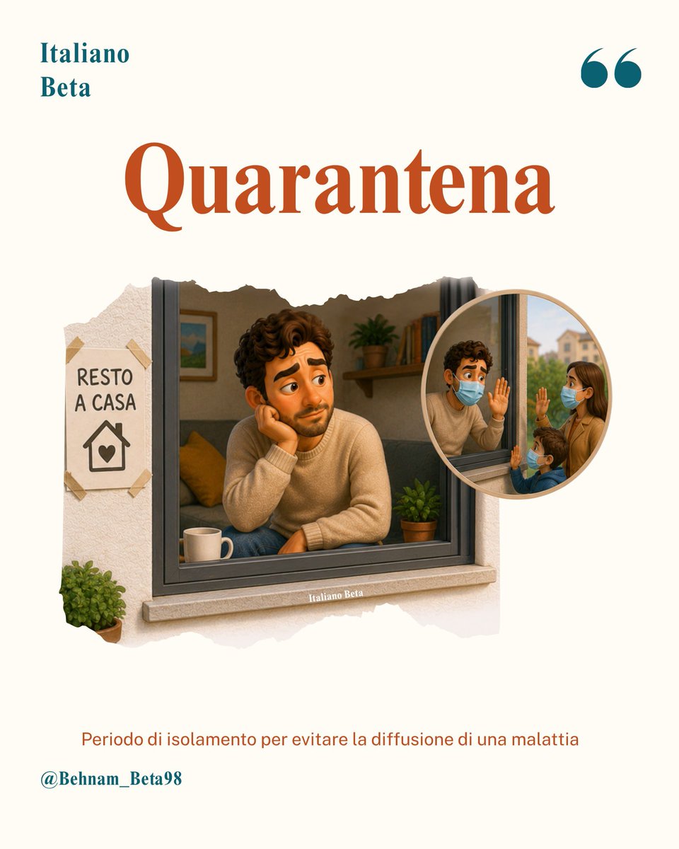 ItalianoBeta's tweet photo. 💡 Quarantena

📝 Periodo di isolamento imposto o consigliato per evitare la diffusione di una malattia contagiosa.

🇬🇧 Quarantine
دوره‌ای از قرنطینه و جداسازی برای جلوگیری از پخش بیماری واگیردار. https://t.co/nMq4mYE73e