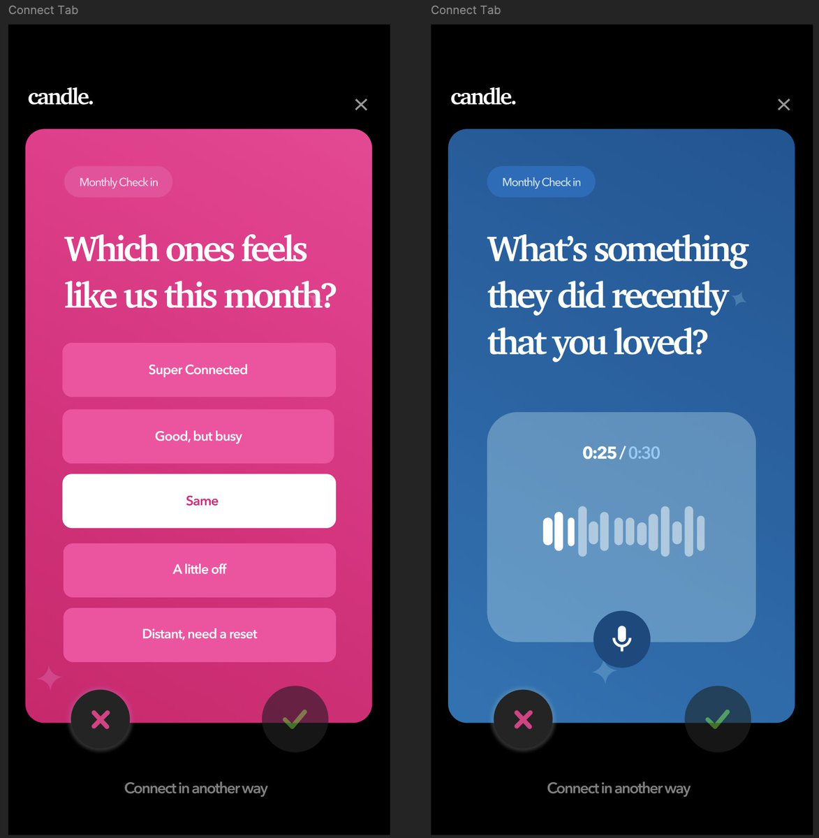 alex_ruber's tweet photo. day 398 of building @trycandleapp , a game to help friends and couples connect more

really excited to finally launch check ins today :) one of the most requested and long awaited features for candle, now built directly into our daily challenge flow

it’s a super lightweight, low pressure way to check in with your partner/friend once a month

one of the challenges here was figuring out how to provide people with a simple communication framework while still feeling lightweight, some reasons why we think this matters long term:

- small unresolved feelings don’t silently build into resentment over time, this is a huge reason people end up drifting apart/leaving

- relationships generally get stronger when people feel safe revisiting hard moments instead of avoiding them

- regular reflection helps people better understand how the other person thinks and experiences the relationship

download the latest update today, and as always we’d love any feedback 

pair with someone td