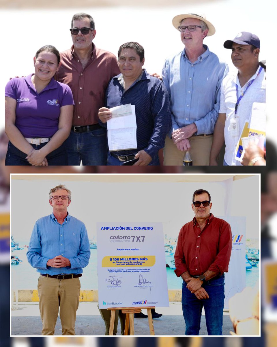 AgriculturaEc's tweet photo. #Manabí | El ministro @JuanCVegaEC, junto al presidente de @BanEcuadorBP, @eduardopenah, firmaron el convenio que da inicio a la segunda etapa del Crédito Productivo 7x7, con una asignación adicional de USD 100 millones para fortalecer a los sectores agrícola, pecuario, acuícola y pesquero.

Esta iniciativa impulsada por el Gobierno Nacional amplía el acceso a financiamiento con condiciones preferenciales, promoviendo la inclusión financiera, la reactivación económica y el desarrollo productivo en los territorios.

Además, en este espacio se realizó la entrega de beneficios, insumos, herramientas y maquinaria para más de 400 productores de la provincia.

Revisa todos los detalles aquí ⬇️
https://t.co/Hs4TvtNUD3

#ElNuevoEcuador