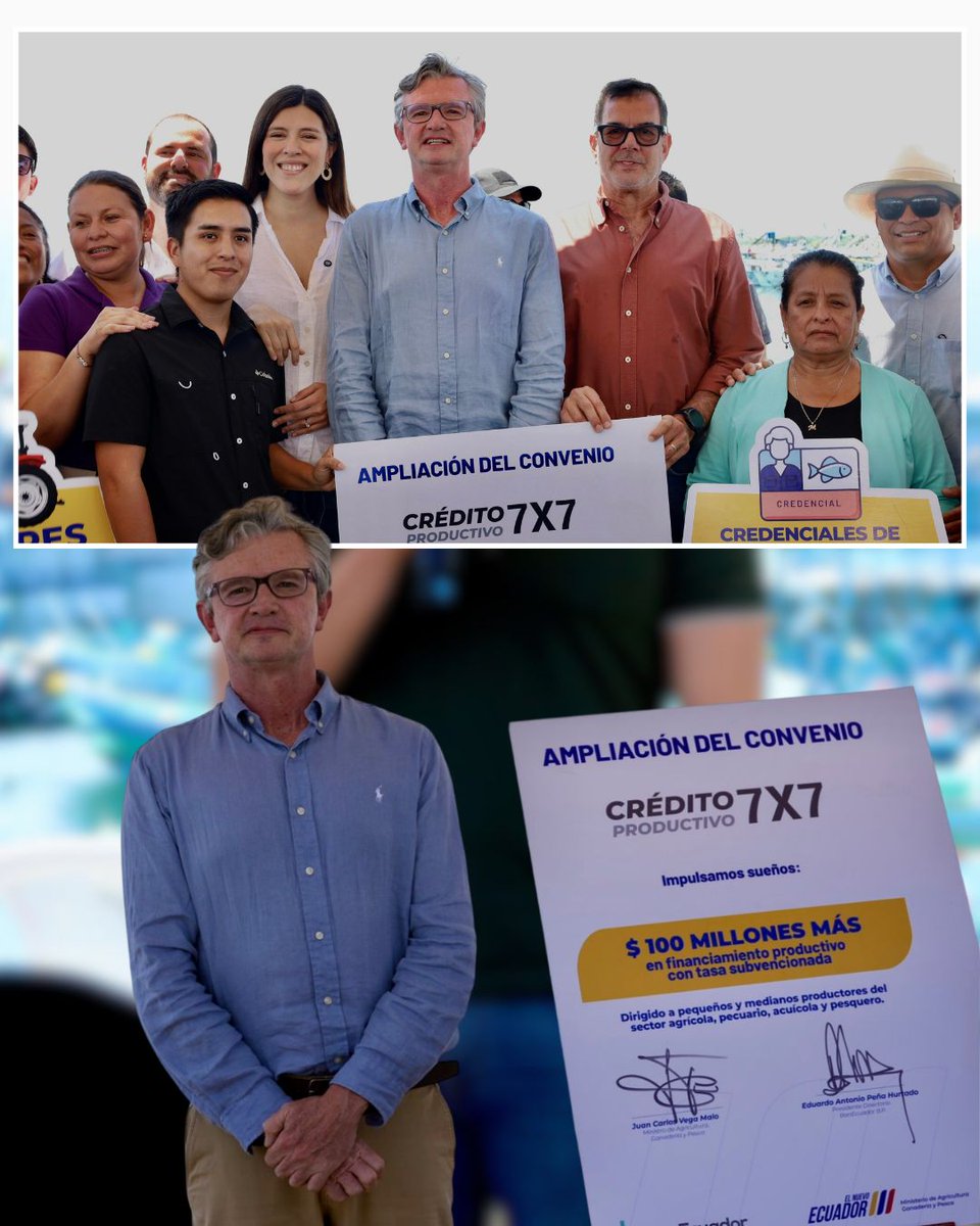 AgriculturaEc's tweet photo. #Manabí | El ministro @JuanCVegaEC, junto al presidente de @BanEcuadorBP, @eduardopenah, firmaron el convenio que da inicio a la segunda etapa del Crédito Productivo 7x7, con una asignación adicional de USD 100 millones para fortalecer a los sectores agrícola, pecuario, acuícola y pesquero.

Esta iniciativa impulsada por el Gobierno Nacional amplía el acceso a financiamiento con condiciones preferenciales, promoviendo la inclusión financiera, la reactivación económica y el desarrollo productivo en los territorios.

Además, en este espacio se realizó la entrega de beneficios, insumos, herramientas y maquinaria para más de 400 productores de la provincia.

Revisa todos los detalles aquí ⬇️
https://t.co/Hs4TvtNUD3

#ElNuevoEcuador