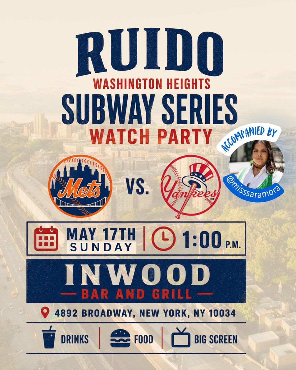 BOLDDems's tweet photo. NYC, it’s game time! ⚾🔥

Join us for the a watch party as the Mets take on the Yankees! Grab your crew, rep your team, and catch every big moment with great food, community leaders, digital creators, and unbeatable energy at Inwood Bar & Grill.

🗓️ Sunday, May 17
⏰ 1:00 PM
📍 Inwood Bar & Grill, New York City

Who are you rooting for? Comment below!

#CHCBOLDPAC #RUIDO #NYC #MetsVsYankees #WatchParty #Democrats2026 #Vote2026 #Dems2026