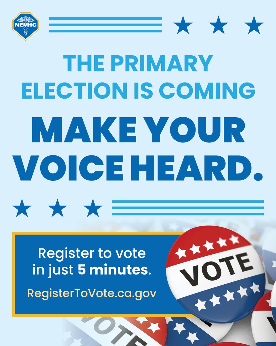 NEVHC's tweet photo. Registering to vote only takes 5 minutes. You can register or check your registration status any time from your computer or phone by visiting https://t.co/o9hcPxyQ7V. Make sure to register by May 18th to receive a Vote by Mail ballot. https://t.co/hJsrIYFxHz