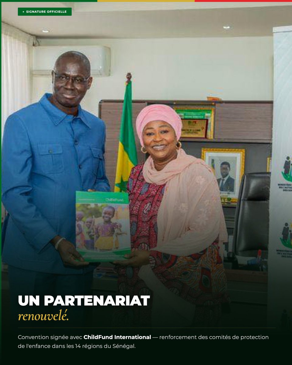MamounaDieyeoff's tweet photo. ChildFund International · 4 mai 2026

Chaque enfant sénégalais mérite une protection. Pas en théorie; en actes, dans chaque région, dans chaque communauté.

Cette semaine, j'ai reçu les équipes de ChildFund International pour faire le point sur notre partenariat stratégique en faveur de la protection de l'enfance. Ensemble, nous travaillons au renforcement des comités de protection de l'enfance dans les 14 régions du Sénégal, à l'harmonisation des systèmes d'information entre la Santé, la Justice et le Social, et à la prise en charge des nouvelles vulnérabilités, dont la protection des enfants dans l'espace numérique.

Aucun enfant ne peut se construire sans un environnement sécurisé. Et aucune mère, aucun père, ne devrait porter seul ce poids.

Le MIFASS avance. Avec nos partenaires. Avec les communautés. Pour chaque enfant du Sénégal.

#ProtectionEnfance #ChildFund #MIFASS #Sénégal2050 #FamilleEtSolidarités