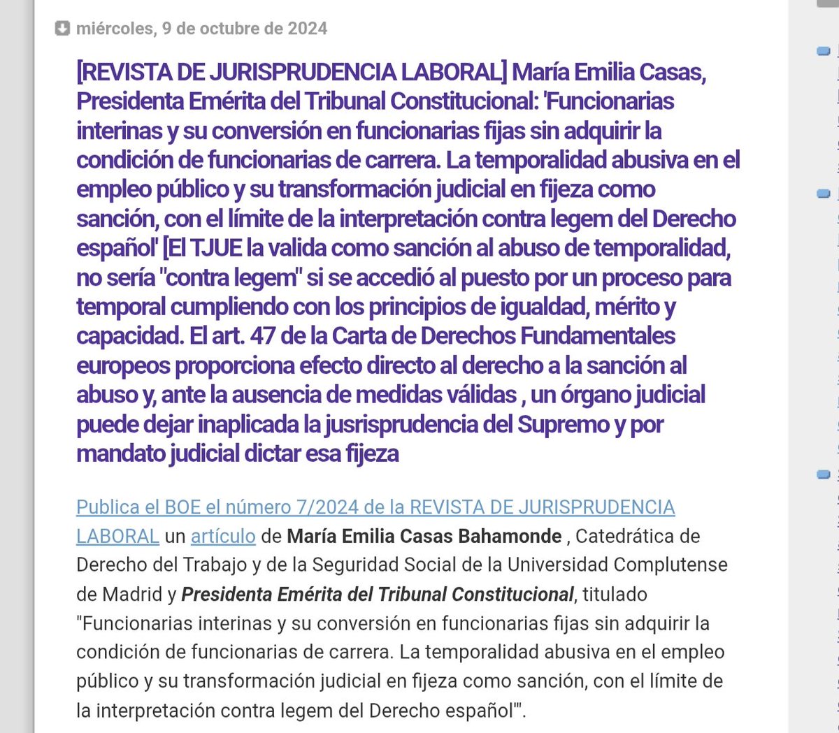 AsociacionEPA's tweet photo. #FijezaYa - La Fijeza NO ES ILEGAL.
ILEGAL ES LA LEY 20/2021 
ILEGAL ES +25 AÑOS TEMPORAL 
25 AÑOS OCULTANDO EL EFECTO ÚTIL DE LA DIRECTIVA EUROPEA 1999/70/CE y 4 de la Directiva Europea 2019/1152 De condiciones laborales transparentes y previsibles.

📎 - Fuentes:

📎🇪🇺⚖️- Sentencia del Tribunal De Justicia de la Unión Europea (22/02/2024).

🇪🇺⚖️- El TJUE reconoce que es adecuada la Fijeza.

📎🇪🇺🇪🇸- Informe de María Emilia Casas, Ex-Presidenta del Tribunal Constitucional de España.

❌🇪🇸- La Fijeza NO ES INCONSTITUCIONAL.

📎🇪🇸⚖️- EL SUPREMO RECONOCE LA FIJEZA SI UNA EMPRESA PRIVADA Subrogada a la Administración Pública 

❌- Sin procesos Selectivos 
❌🇪🇸- Ni objeciones 
❌🇪🇸- o exigencias de cumplimiento del 103.3 CE 

👉 A la CONDICIÓN DE FIJO.