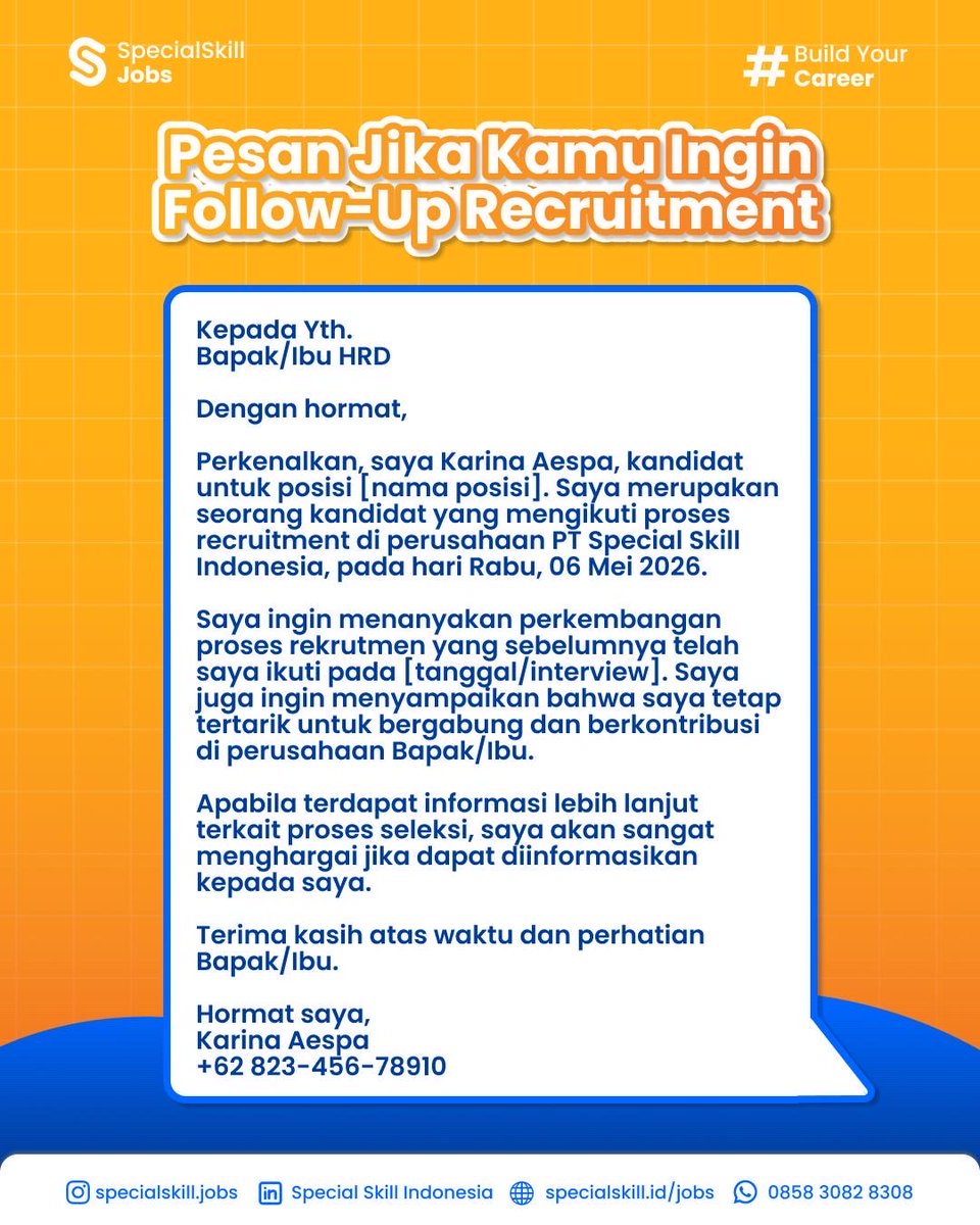 specialskillid's tweet photo. 3 Contoh chat lewat WhatsApp kandidat ke HR. Save ya!

#specialskill #specialskilljobs #hr #pengembangandiri https://t.co/029dsza4vE