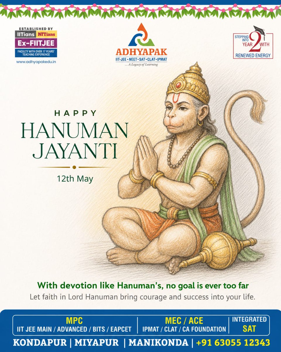 TechAdhyapak's tweet photo. 📘 Twitter / X / YouTube

May Lord Hanuman bless you with courage, strength, wisdom, and success. 🙏🚩

Wishing everyone a joyful and blessed Hanuman Jayanti from Team Adhyapak Junior College.

#HanumanJayanti #JaiHanuman #AdhyapakJuniorCollege #Blessings https://t.co/nweUjibuNL