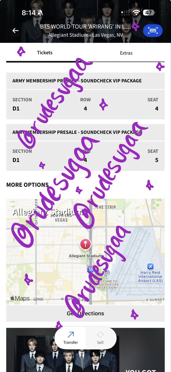 rudesugaa's tweet photo. WTS LAS VEGAS 5/27
-2 tickets 
-VIP section D1 row 4 seats 4&amp;5
-Selling for face value ($838/ticket)
-Would prefer to sell tickets together 
-Ill be at the concert so if any problems come up with getting vip goods ill be there to help
-can ft/call during transaction 
#BTS_ARİRANG https://t.co/I3xkKLo6et
