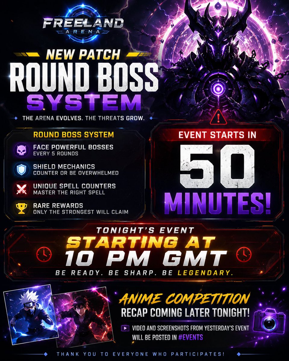 FreelandVr's tweet photo. ⚠️ WARNING… DIMENSIONAL RIFT DETECTED ⚠️

The new Freeland Round Boss System patch is now live and tonight’s event will be focused entirely on the new boss arena mechanics.

🔥 Face powerful round bosses  
🛡️ Counter dimensional shield mechanics  
⚔️ Use the correct spell counters or be overwhelmed  
🏆 Earn rare rewards and survive escalating cosmic threats

Tonight’s event begins at 10 PM GMT  
⏳ Starting in approximately 50 minutes

The Arena Evolves. The Threats Grow.

Also — the Anime Competition recap is coming later tonight with videos and screenshots from yesterday’s event 📸✨

See you in the are