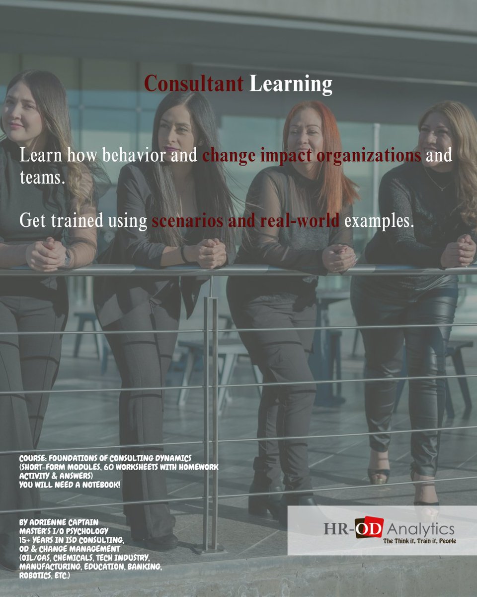 HRODAnalytics's tweet photo. Start a career in Consulting by getting the knowledge and skills needed to assess organizational behaviors and #change impacts.  Take the course today: https://t.co/3NH1ey8fvx

#WomeninScience #Learning #Education #ATD #Skills #JobSearch #Planning #HR #QueryTips #Tech #OD https://t.co/hOAyk8vHWk