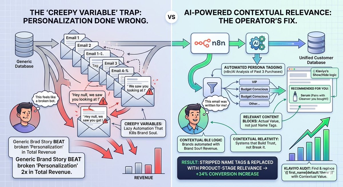 AfeezStrategist's tweet photo. Most "Personalization" is just lazy automation that kills your brand's soul.

"Hey [First_Name]" isn't a strategy. It's a reminder to the customer that they are just a line in your database.

I saw a brand’s generic email beat their "hyper-personalized" one by 2x revenue. https://t.co/1YRl5gvuij