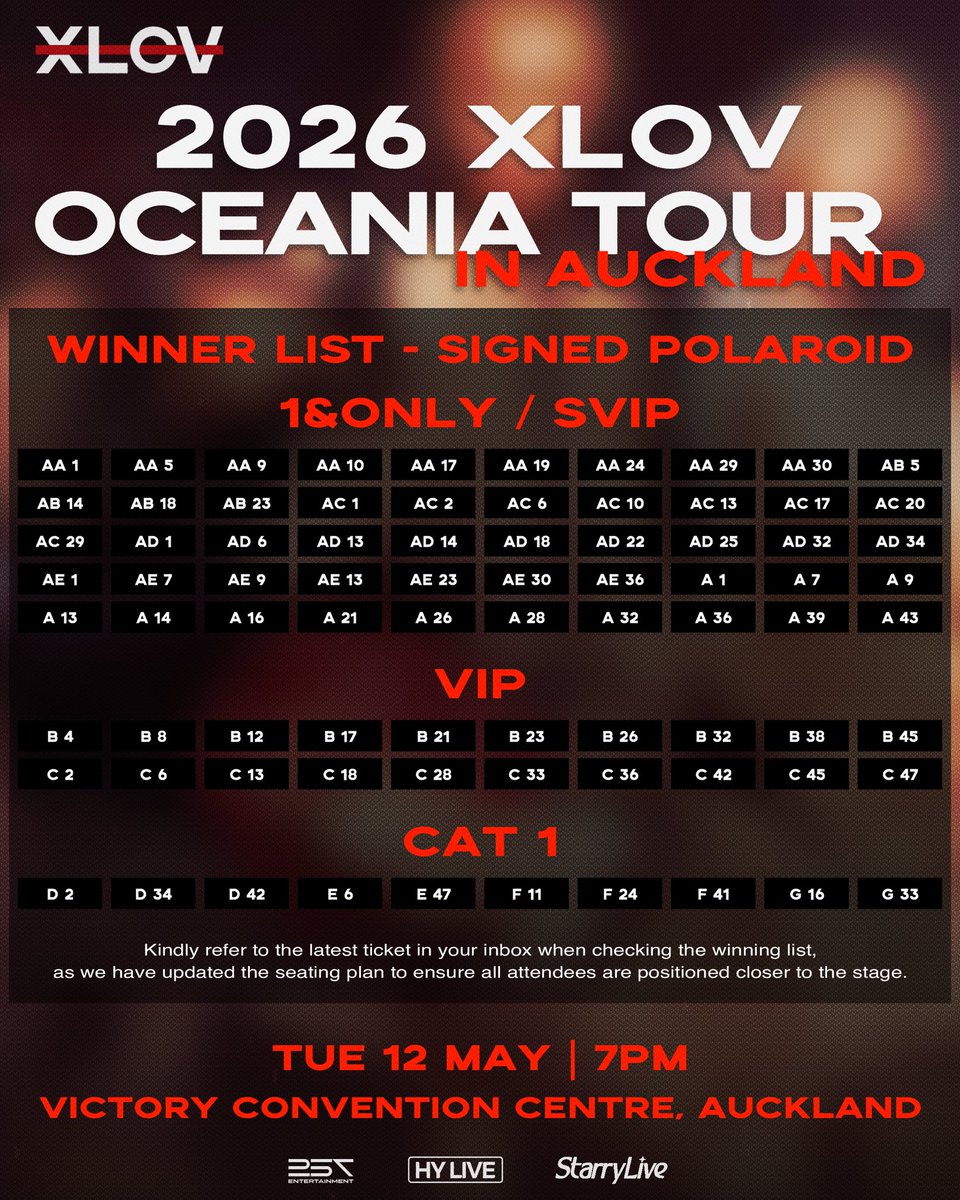 StarryLiveEnt's tweet photo. 2026 XLOV OCEANIA TOUR IN AUCKLAND
 
Lucky Draw Winners Announced 🎁
 
The countdown is on— Auckland night, the final celebration 🔥
 
Thank you to every EVOL for your understanding and passionate support. The official list of selected fans for these benefits is now live!
 
Please check the image and confirm your seat number ✅
Kindly refer to the latest ticket in your inbox when checking the winning list, as we have updated the seating plan to ensure all attendees are positioned closer to the stage. Have your e-ticket ready and collect your reward within the designated time.
 
See you very soon 🖤
 
[Auckland]
📆 TUE 12 MAY | 7PM | All Ages
📍 Victory Convention Centre
🎟️ https://t.co/hTNcOc2M4m
 
#XLOV #엑스러브
#XLOVTour2026 #XLOVinOCEANIA  #257Entertainment #HYLIVE #Starrylive