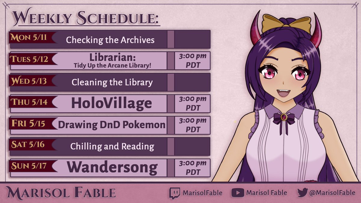 MarisolFable's tweet photo. Schedule Time:

I am back from vacation and feeling refreshed!!!😎 We've got a ton of fun streams prepper this week, so I hope to ya'll there!

📽️Live Tag: #MarisolLive
🎨Art Tag: #Maristhetic
🎞️Clip Tag: #MemoryFable
🃏Meme Tag: #MarilFablu

#ENVtuber #Vtuber #VtuberUprisings https://t.co/mCpNRV4Nax