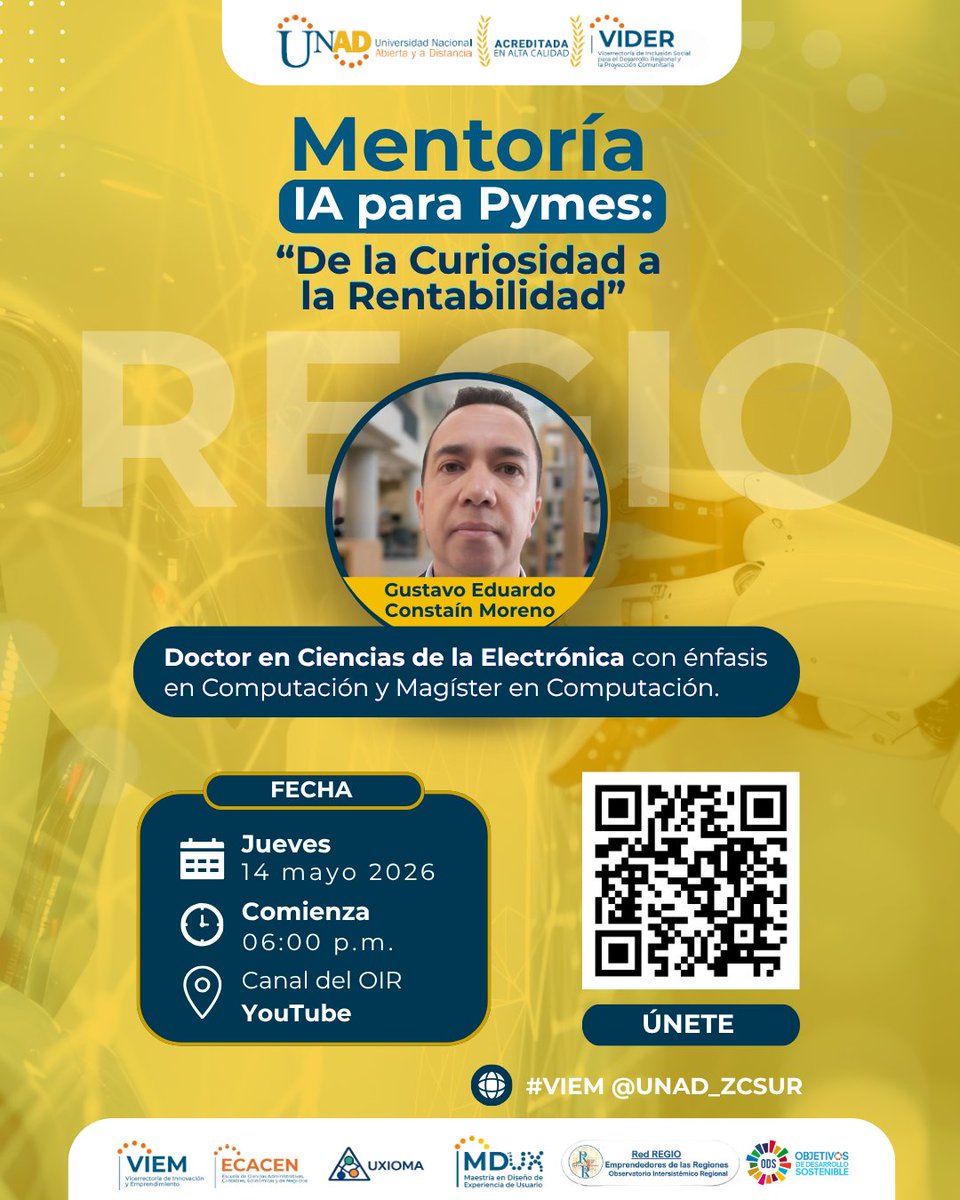 ElOIRdelaRegion's tweet photo. #RedRegioEmprendedoresDeLasRegiones🚀La inteligencia artificial ya no es el futuro… ¡es la oportunidad de crecer HOY! Invita a la mentoría: “IA para Pymes: De la Curiosidad a la Rentabilidad”
📅 Jueves 14 de mayo 2026
▶️ Transmisión en vivo por el canal del OIR en YouTube https://t.co/0kJBmmLUII Descubre cómo la #IA puede optimizar procesos, aumentar ventas y transformar tu emprendimiento en un negocio más competitivo e innovador. 🚀📈
#TransformaciónDigital #Emprendimiento #Innovación