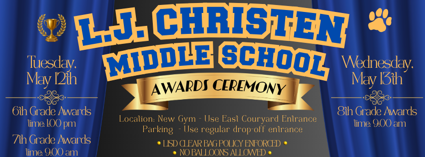 ChristenMSLISD's tweet photo. L. J. Christen Middle School Awards Ceremony https://t.co/8EbOBbvaQn