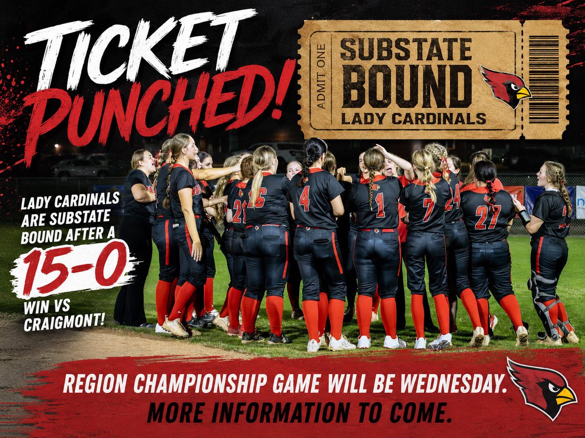 CardzSoftball's tweet photo. Ticket Punched! Lady Cards are Substate Bound! Region Championship game will be Wednesday! More information to come! 🥎🥎 https://t.co/xKBSdWqOo6