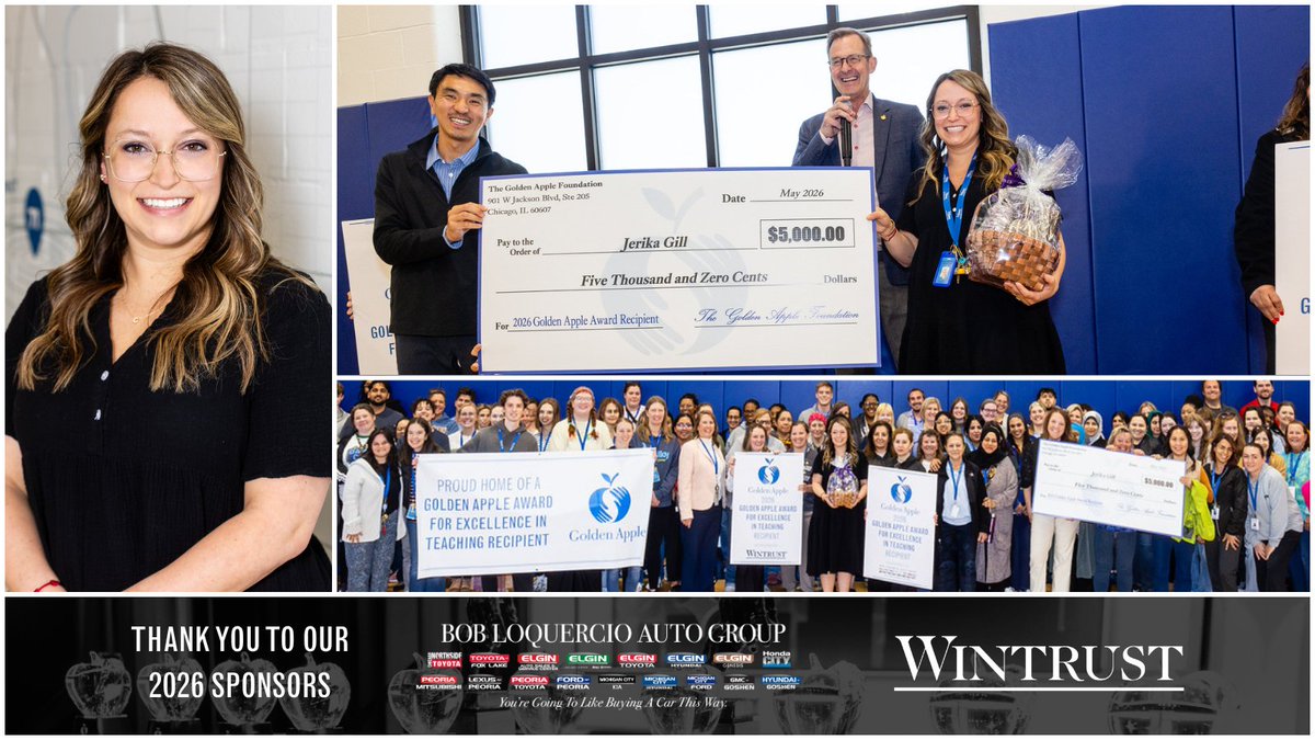 Teach_Golden's tweet photo. Jerika... you are GOLDEN! Today, Jerika Gill was surprised with a 2026 Golden Apple Award for Excellence in Teaching at Julia S. Molloy Education Center in Morton Grove. Thanks to our 2026 sponsors: @BLAutoGroup and @Wintrust! https://t.co/SHOCzTGcGZ