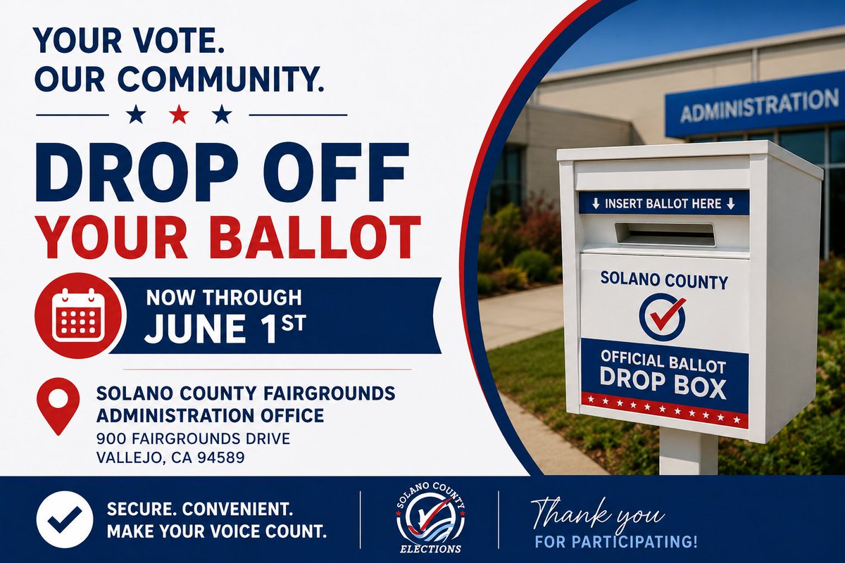 SCFair's tweet photo. 🗳️ Drop off your voted ballot at the Solano County Fairgrounds Administration Office through June 1.

📍 900 Fairgrounds Dr, Vallejo - Administration Office

Secure, convenient, and no postage needed.

More info: https://t.co/f12XFySJgc

#Vote2026 #SolanoCounty https://t.co/budWheTYYP