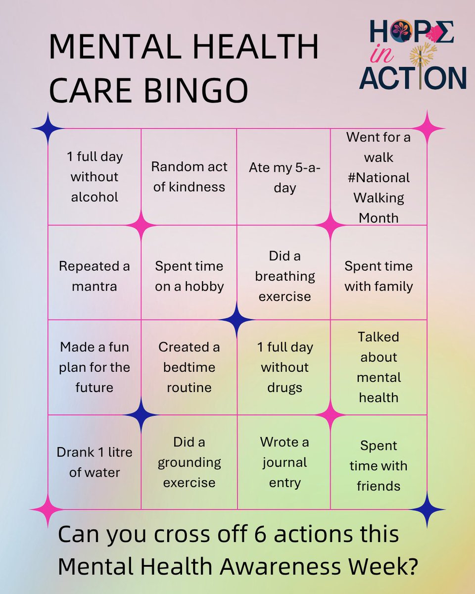 Hope_In_Action_'s tweet photo. This Mental Health Awareness week @mentalhealth are taking ACTION

Well, at Hope in Action we're all about that! We've set a bingo challenge to tick off 6 mental health actions on this card

We're even bringing in #NationalWalkingMonth! 

Can you end the week with a full house? https://t.co/2qy1d5rK6g