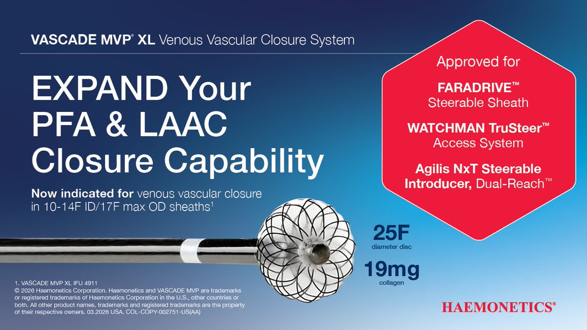 HaemoneticsIT's tweet photo. In today’s EP lab, technology is evolving—and closure has to keep up.

With VASCADE MVP® XL now indicated for venous vascular closure in 10–14F ID / 17F OD sheaths, we’re able to close larger PFA access sites without adding steps to the workflow.

Including compatibility with: 
• FARADRIVE™ Steerable Sheath 
• WATCHMAN TruSteer™ Access System 
• Agilis NxT Steerable Introducer, Dual-Reach™

This is a meaningful step forward for procedural efficiency.

#Electrophysiology #PFA #ePeeps
