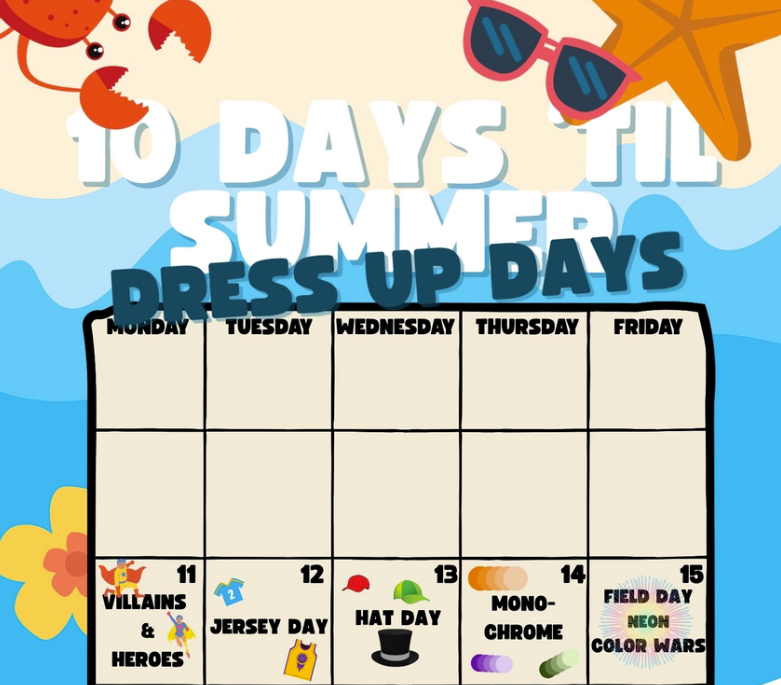 Bussey_Owlets's tweet photo. ☀️🎉 10 Days Til Summer Dress-Up Days are here! Students, join the fun and show your school spirit all week long! 🦸🏽‍♂️🏀🧢🌈

Mon: Villains &amp; Heroes
Tues: Jersey Day
Wed: Hat Day
Thurs: Monochrome
Fri: Neon Color Wars
Let’s finish the year strong! 💙 #SchoolSpirit #10DaysTilSummer https://t.co/Ff0FgiYzYA