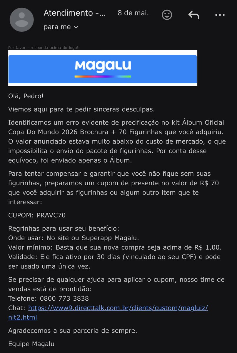 PedroCaldasHM's tweet photo. @EconoMisterPRO @SouRafaMesmo Eles estão emitindo nota e avisando que vão enviar só o álbum e dando o cupom para comprar as figurinhas, então não vem as figurinhas… https://t.co/64EsB5boK1