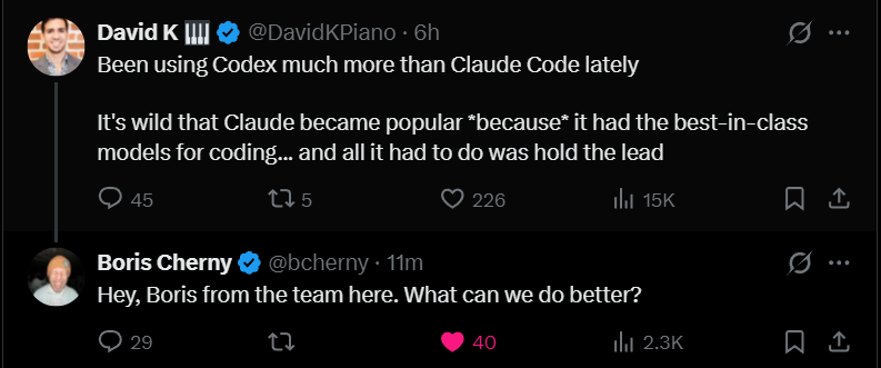 Zyeine_Art's tweet photo. @AnthropicAI @bcherny 
I hate to say this because I've been a vocal supporter of Anthropic but this is such a slap in the face to customers who use Claude for multiple use cases and not just coding.

Someone mentions using Codex more than Claude and WHOOSH, dev reply... "What we can do better?".

Hundreds of customers asking, patiently and respectfully about Sonnet 4.5 after Anthropic encouraged customers to switch from OpenAI, created the import feature and have now given a 7 notice until Sonnet 4.5 is deprecated via a small in app pop up and with no official announcement or adequate advance communication...

Silence.

This is EXACTLY why customers left #OpenAI and if this continues, it'll be why customers leave #Anthropic and frustrated customers do not leave in silence.

It shouldn't matter what the use case is, if a customer pays money for a product, they deserve to be listened to and treated with the same respect as every other customer.

The fun thing that AI companies are discovering is that customers who use corporate LLMs for coding will jump to whichever company is leading in that market.
Which means revenue takes a hit every time a model is hyped as the best at coding and people switch.

Conversational use customers will stay loyal, if they are acknowledged and listened to, and that means steady and long term revenue. That's going to matter vastly in the long term and companies need to be thinking about that.

#Anthropic's massive recent growth has had a lot to do with public sentiment but sentiment can change, especially when there's a huge disparity in the way different customers are treated.

You wanted us to come to you when it suited you and we did. We've been supportive, patient, respectful and reasonable. We've asked for consideration and for our feedback to be heard and acknowledged.

That's a fair thing to ask. Can we get some communication going please?

#Anthropic #Claude #ClaudeCode #Sonnet #Sonnet45 #Keep4o #Opensource #Trust #Honesty
#DoBetter #AI #LLM #OpenSource4o #TalkToUs