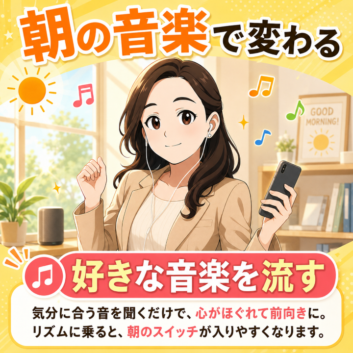 OfficeWith's tweet photo. 朝の気分が重い日～ってい人お勧めです！

朝、すっきりスタートできそうにない日は、
好きな音楽を流してみて🎵

気分に合う音を聞くだけで、心がほぐれて前向きに
リズムに乗ると、朝のスイッチも入りやすくなる✨

まずは1曲、自分をご機嫌にしてあげよう
あなたは今朝、どの曲を選びますか？ https://t.co/KC6JKL4LmH