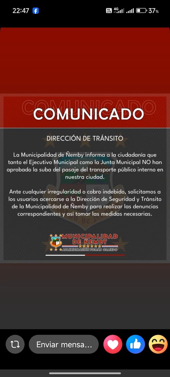 blasito_cuenca's tweet photo. ¡ATENCIÓN VECINOS DE ÑEMBY! 📢 🚌

​La Municipalidad de Ñemby, a través de su Dirección de Tránsito, aclara a toda la ciudadanía que NO EXISTE aumento autorizado en el precio del pasaje del transporte público interno.

​⚠️ ¡No pagues de más! Tanto el Ejecutivo como la Junta Municipal ratifican que el costo se mantiene sin variaciones.

​✅ ¿Qué hacer ante un cobro indebido o irregularidad? Acercate a la Dirección de Seguridad y Tránsito de la Municipalidad para realizar tu denuncia formal. Es fundamental reportar estos casos para que las autoridades puedan tomar las medidas correspondientes.

​📍 Municipalidad de Ñemby - Administración Tomás Olmedo.

​#Ñemby #TransportePúblico #ComunicadoOficial #Tránsito #Paraguay
