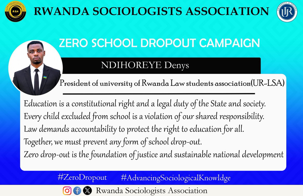 NdihoreyeD954's tweet photo. #Education is a constitutional right and a legal duty of the State and society.
Every child excluded from school is a violation of our shared responsibility.
#Law demands accountability to protect the right to education for all.
Together, we must prevent it
#ZeroDropOut
#UR-LSA https://t.co/55eoWdJY5l