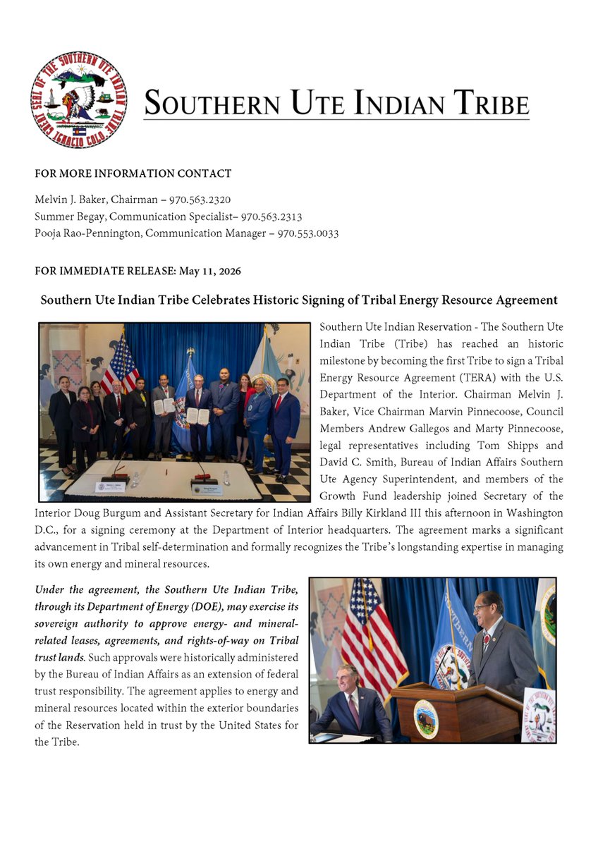 SUIT_Council's tweet photo. FOR IMMEDIATE RELEASE: May 11, 2026
Southern Ute Indian Tribe Celebrates Historic Signing of Tribal Energy Resource Agreement 

Read full release: https://t.co/wgRcbvuMRq

- Summer Begay, Comm. https://t.co/1u5QvnzL0m