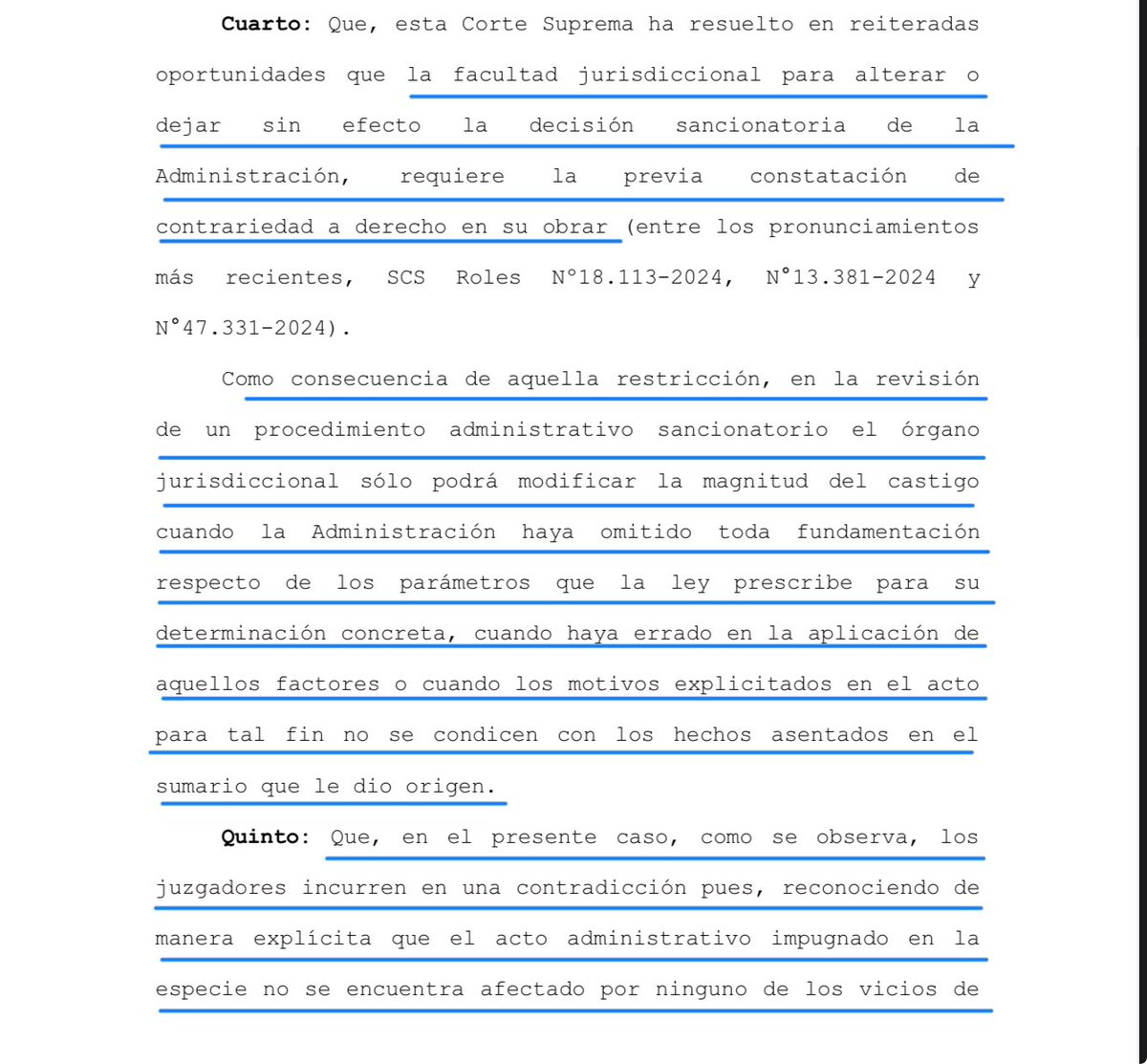 LLeguleya's tweet photo. CS (Rol 22847-2024 7.5.2026) Sanciones administrativas: La Corte reitera que los jueces para alterar o dejar sin efecto la sanción impuesta por la Administración, deben constatar una ilegalidad. En el caso, primero reconoce que no hay ilegalidad y luego rebaja la multa, incurriendo en un contradicción
