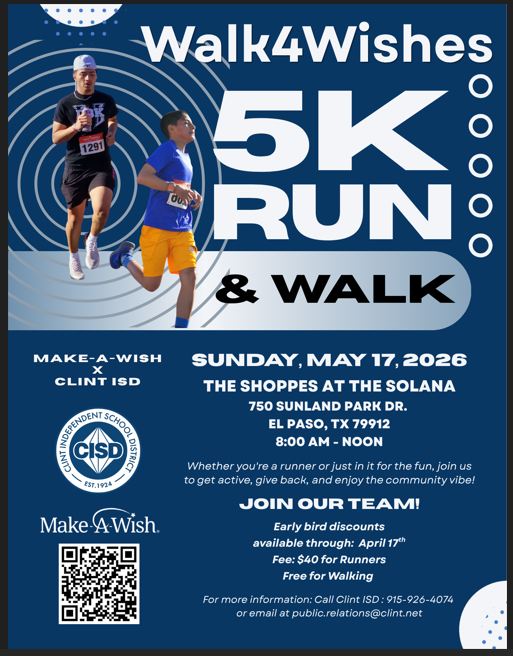 ClintBenefits's tweet photo. Clint ISD x Make-A-Wish: 
Walk4Wishes on May 17, 2026! 
Join our  5K Run or FREE 1 Mile Walk. All proceeds support Make-A-Wish 💙
🎟️ $50 5k Fee
👕 Runners get a t-shirt
Help us reach $1,500 &amp; enjoy family fun + vendors!
📞 915-926-4074
#Walk4Wishes https://t.co/9fkAV4T2G7