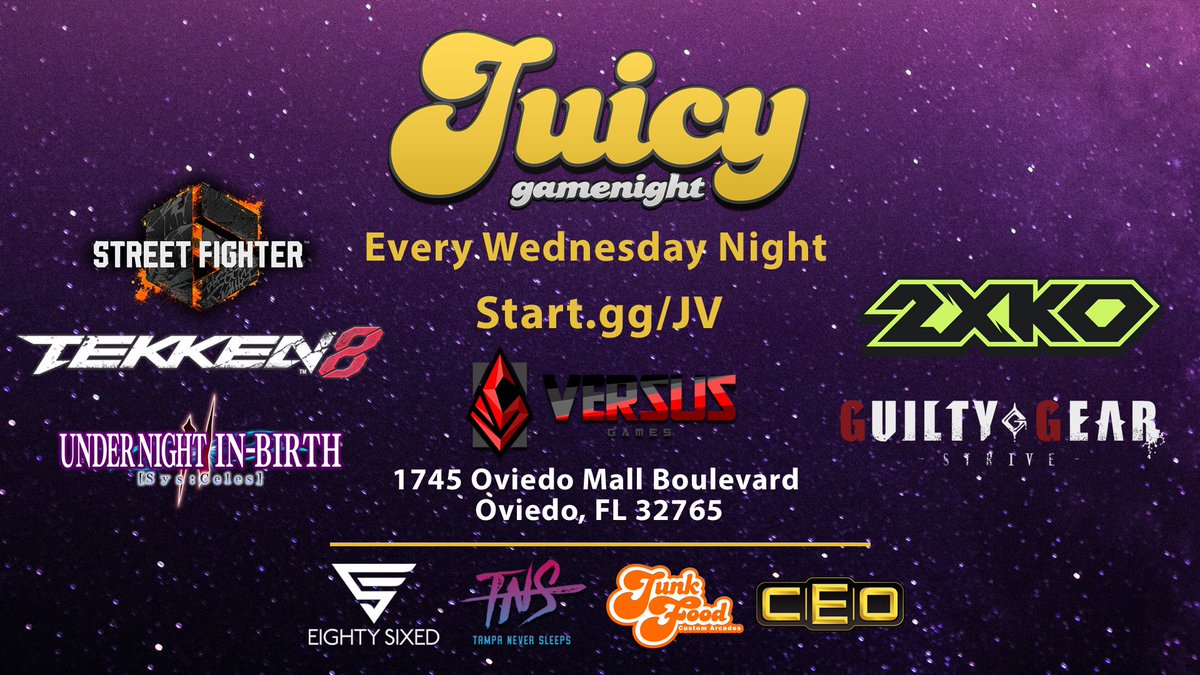 JuicyGameNight's tweet photo. Register for the upcoming Juicy weekly this week!  

We got TEKKEN 8, SF6, Guilty Gear Strive, UNI2 &amp; 2XKO Mixed!    

Sign up now &amp; we hope to see you there! https://t.co/zinrQAGJDh
