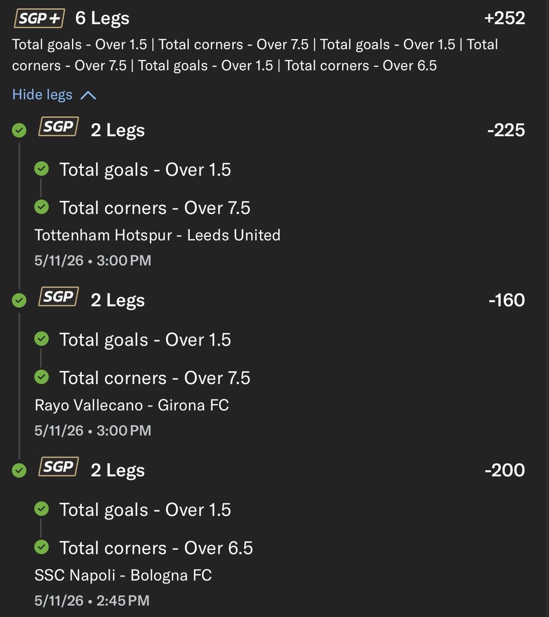 Rudebwoyz330's tweet photo. trust the data they said 📊

Over 1.5 Goals — called it ✅
Over 7.5 Corners — called it ✅
across ALL THREE games today ✅✅✅

corners and goals markets are so underrated. everyone's chasing scorelines while i'm just counting set pieces 😅

receipt attached 🧾

#SGP #BettingTips #DataBetting