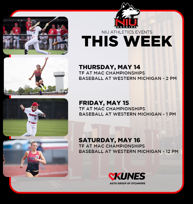 NIUAthletics's tweet photo. It's the final week of the regular season for Baseball as Track and Field heads to conference championships 

Check out what's happening this week, presented by @KunesAutoGroup 

#GoHuskies https://t.co/eghLl19550