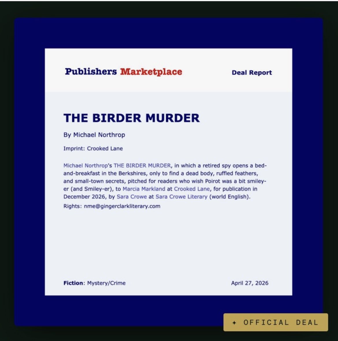mdnorthrop's tweet photo. 📢 My 17th book! My ADULT DEBUT!! 
THE BIRDER MURDER, a Figman Files Mystery, coming Dec. 6 from @crookedlanebks!!! Guys, I can’t even tell you. Years of work, a lifetime of reading mysteries. So so soooo excited for this one! #writingcommunity #cozymystery 🐦🔪🎉 https://t.co/1eU1FHlQbp