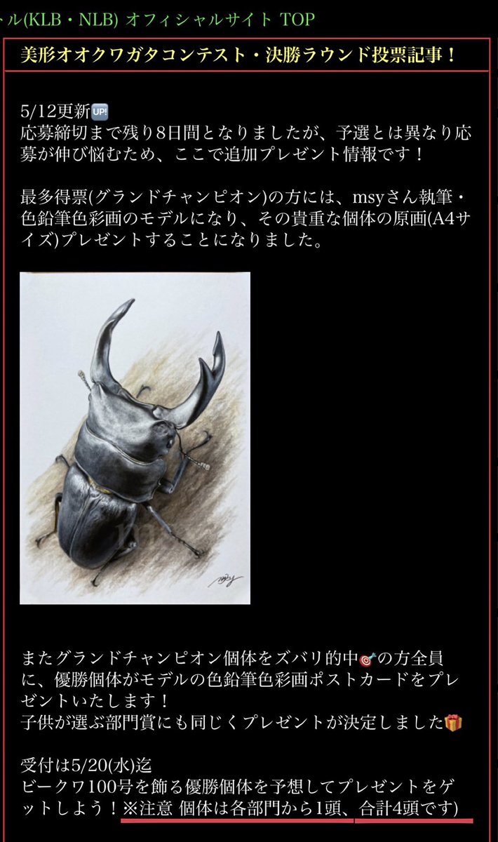 dorcuschone1067's tweet photo. 美形コンテスト✨
https://t.co/E4uPjnvZhV
追加プレゼント情報です📣
最多得票(総合優勝)個体はmsyさん
色鉛筆画モデルになり、その原画を🎁

また総合優勝ズバリ的中🎯の方全員
にポストカードを🎁 (子供が選ぶも)
受付は5/20(水)迄🗓️
BE-KUWA100号を飾る優勝個体を予想
(応募)し🎁をゲットしよう👍 https://t.co/DB599RLCwB