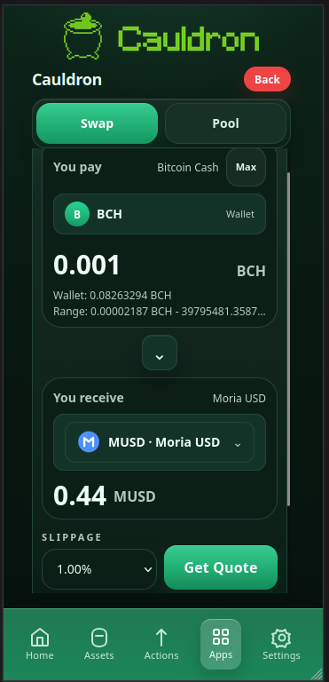 OPTNLabs's tweet photo. Check out the @CauldronSwap interface on OPTN Wallet. Start swapping for cashtokens or set up your own Liquidity Pool, all natively within the OPTN wallet itself https://t.co/DbEaS1tneq
