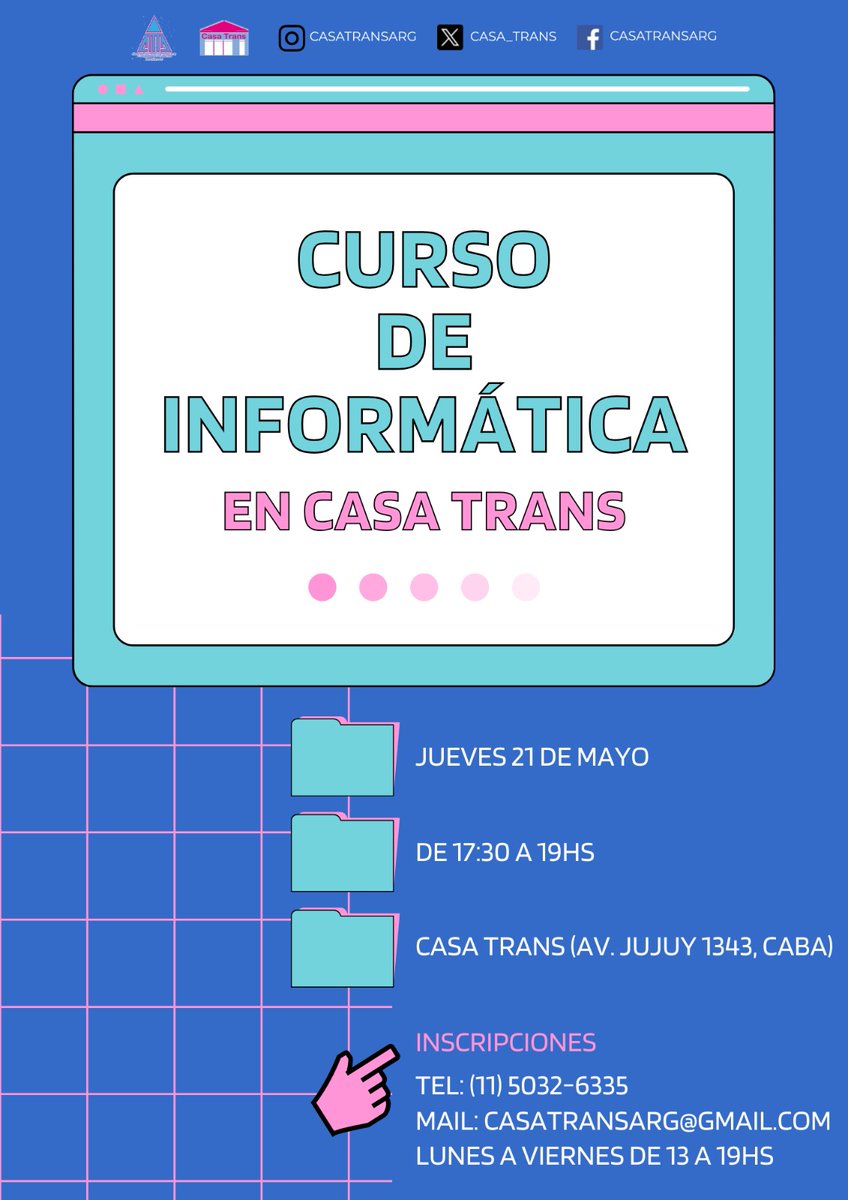 casa_trans's tweet photo. 👩🏽‍💻🏳️‍⚧️ Curso de informática en Casa Trans
👉🏽 A partir del jueves 21 de mayo
👉🏽 De 17:30 a 19HS en Av Jujuy 1343 CABA
✍🏽 Para inscribirte llama al teléfono (11)5032-6335 o acércate a Casa Trans de lunes a viernes de 13 a 19HS. https://t.co/FFvS9AIiLN
