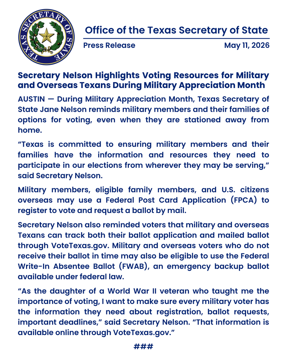TXsecofstate's tweet photo. During Military Appreciation Month, Texas Secretary of State Jane Nelson reminds military members and their families of options for voting, even when they are stationed away from home. https://t.co/tzaAIR6kku