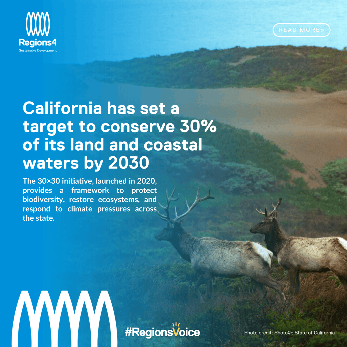 30x30CA's tweet photo. Last month, Regions4 released a case study on California's 30x30 initiative, spotlighting the state's world-leading role in delivering progress on 30x30 - a key target in the United Nations' Global Biodiversity Framework. 

Read more: https://t.co/1glJVhHr2f https://t.co/RK9wPrXA4V