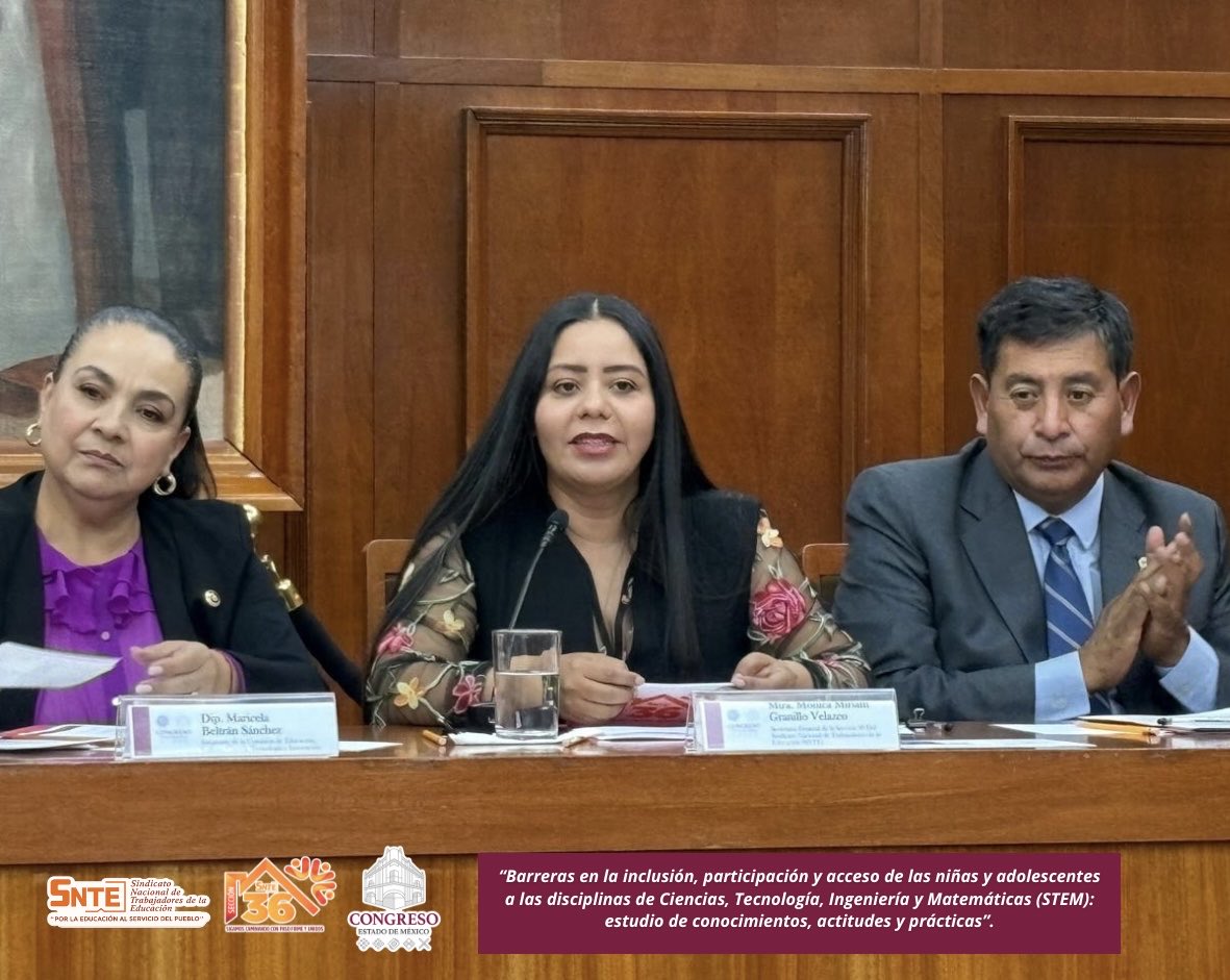 Seccion36Ofic's tweet photo. 🟠 La Sección 36 expresa su agradecimiento al Mtro. Rigoberto Vargas Cervantes, Presidente de la Comisión de Educación, Ciencia, Tecnología e Innovación de la LXII Legislatura del Estado de México, por la invitación a la presentación del estudio “Barreras en la inclusión, participación y acceso de las niñas y adolescentes a las disciplinas de Ciencias, Tecnología, Ingeniería y Matemáticas (STEM): estudio de conocimientos, actitudes y prácticas”.

Nuestra Secretaria General de la Sección 36, Mtra. Mónica Miriam Granillo Velazco, asistió a este importante encuentro acompañada por el Profr. Omar Pereyra Pérez, Representante del SNTE Nacional en la Sección 36.

Durante el evento se contó con la presencia del Dr. Magdaleno Reyes Ángeles, Director General de los SEIEM; el Profr. José Alfredo Geraldo Benoit, Secretario General de la Sección 17; el Profr. Jenaro Martínez Reyes, Secretario General del SMSEM; así como integrantes de la estructura educativa.

La reflexión y el análisis sobre los desafíos que enfrentan niñas y adolescentes para acceder y participar plenamente en las disciplinas STEM representan una oportunidad para fortalecer la equidad, la innovación y la transformación educativa desde las aulas.

La Sección 36 reafirma su interés y compromiso con los temas prioritarios de la educación, así como con las acciones y espacios de diálogo que contribuyen positivamente al trabajo de las y los maestros en el fortalecimiento de la escuela pública.

#SigamosCaminandoConPasoFirmeYUnidos #Sección36