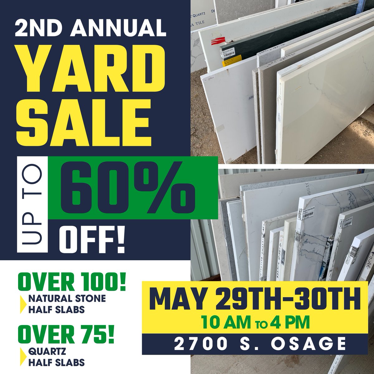AdobeStoneWorks's tweet photo. 🚨 2ND ANNUAL YARD SALE ALERT 🚨 Huge savings! 📍 2700 S. Osage – Adobe Walls Stoneworks 🗓️ May 29-30, 10 AM-4 PM. ✅ 100+ Natural &amp; 75+ Quartz Half Slabs - Save up to 60%! Bring samples! 📞 806.371.7885 • https://t.co/wijR50CpJj #StoneSale #AmarilloDeals #AdobeWalls https://t.co/SdLdhbUp5j