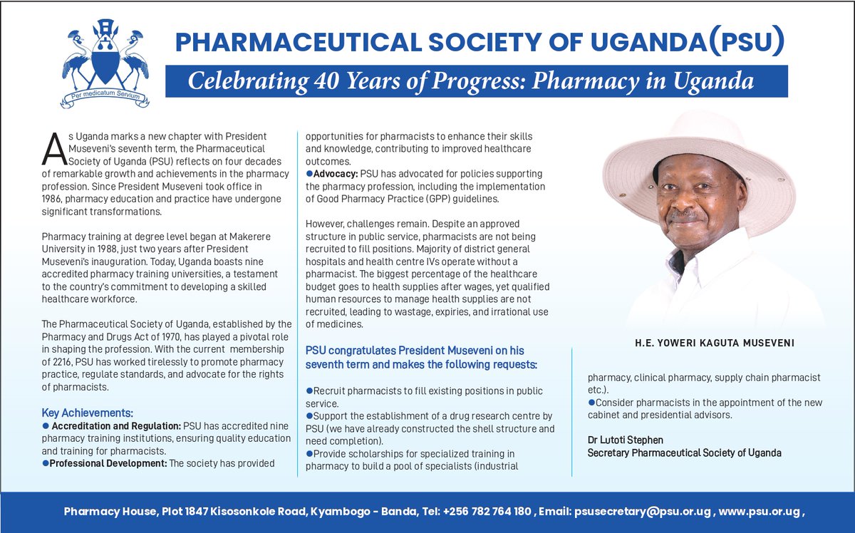 PharmacistsUg's tweet photo. PSU joins Uganda in celebrating President Museveni's seventh term and reiterates its appeal for qualified pharmacists to be recruited into public service positions across the country. A stronger pharmacy profession means better healthcare for all Ugandans. #PSU #PharmacyInUganda https://t.co/yFnGxKYY3A
